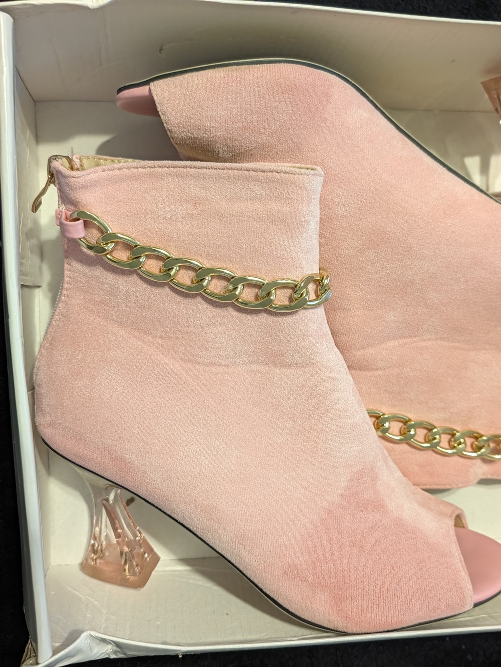 SHEIN Pink Suede Peep-Toe Ankle Boots with Gold Chain